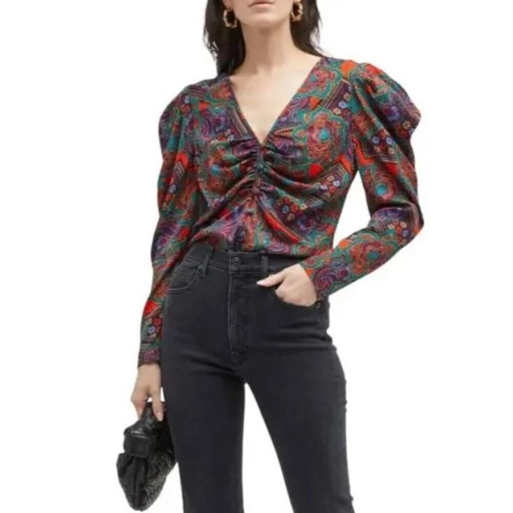 NWT Veronica Beard Simmons Paisley Floral Silk Blend Top Flame Red Multi Size 6